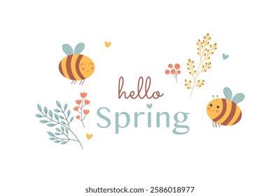 Spring illustration with the phrase "Hello Spring," cute bees, flowers, and branches. A bright and soft design in pastel colors, perfect for greeting cards, posters, and prints.