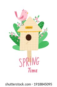 Spring illustration with pink bird sitting on birdhouse and flowering trees all around. Lettering Spring time. Design concept of the arrival of spring. Colorful template for posters, postcards. Vector