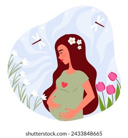 Spring illustration with pregnant woman in nature. Pretty woman among flowers and dragonfly. Happy pregnant women. Smiling woman with big belly. Cartoon vector illustration.
