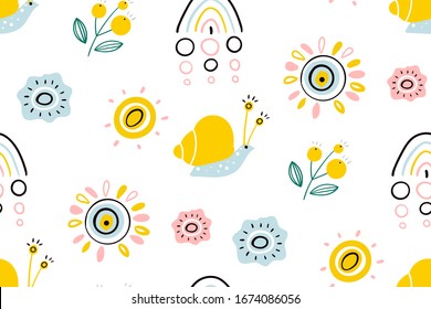 Spring illustration with rainbow, sun, flowers and snail. Seamless pattern for printing brochure, poster, party, summer print, textile design, card. Scandinavian style.