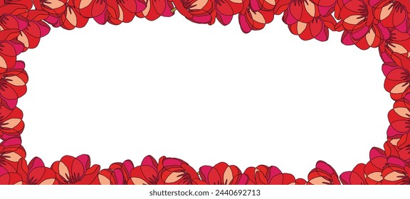 Spring illustration with red tulips. Happy birthday, holiday, celebration greeting and invitation card. Colorful floral banner with flowers on light background. Modern floral compositions. Copy space.