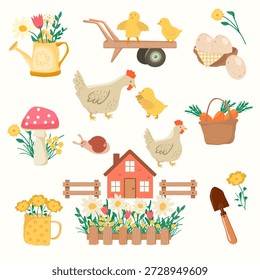 Frühlings-Illustrationssatz mit gemütlichen Garten- und Bauernelementen. Die Sammlung umfasst ein Huhn, ein Küken, Zaun, Blumenbeet, Garten Schubkarre, Gießkanne, Schaufel, Tasse, Pilz und ein kleines Haus. Nette und freundliche Illustrationen schaffen eine warme Frühlingsstimmung auf dem Land, perfekt für Kinderdesigns, saisonale Projekte, Einladungen, Aufkleber, Lehrmaterialien und Kompositionen zum Thema Garten