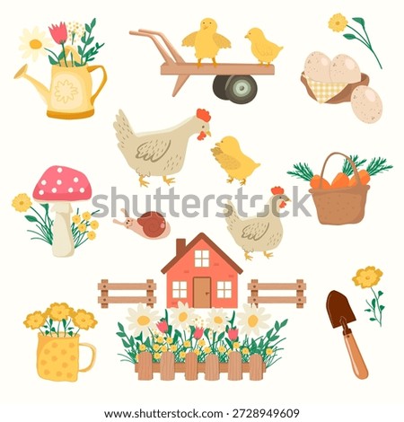 Spring illustration set featuring cozy garden and farm elements. The collection includes a chicken, a chick, fence, flower bed, garden wheelbarrow, watering can, shovel, cup, mushroom and a small house. Cute and friendly illustrations create a warm spring countryside mood, perfect for children’s designs, seasonal projects, invitations, stickers, educational materials and garden-themed compositions