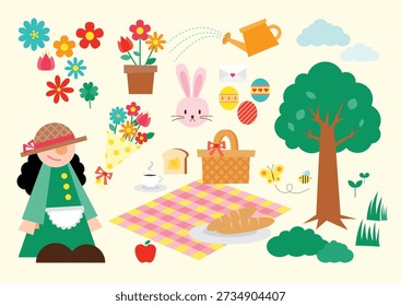 봄 일러스트, spring illustration set with flower, egg, easteregg, easterbunny, picnic, tree, flowers, spring, character, bouquet, pot, grass, cloud