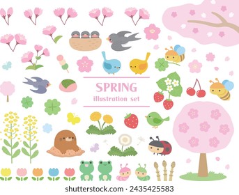 Conjunto de ilustración de primavera, Conjunto de flores y animales de primavera, Conjunto de ilustración vectorial de alimentos