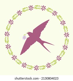 spring illustration. silhouette of a swallow in a circle of flowers. a bird holding a flower in the key