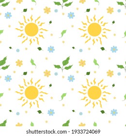 Spring illustration with sun, flowers and leaves Seamless pattern for printing brochure, poster, party, summer printing, textile design, postcard. Vector illustration on a white background.