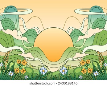 Spring illustration with Tranquil hill landscape, a radiant sunset, blooming flowers surround the lush green hills, creating a scene of serenity and natural	