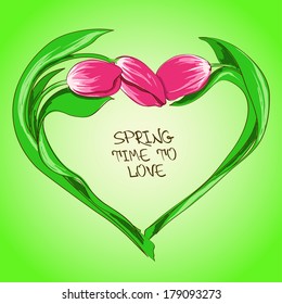 Spring illustration with tulip flowers in shape of heart