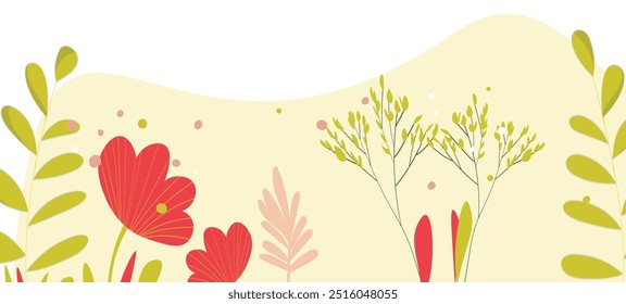 Spring illustration with tulips. Happy birthday, holiday, celebration greeting and invitation card. Colorful floral banner with flowers on light background. Modern floral compositions. Copy space.
