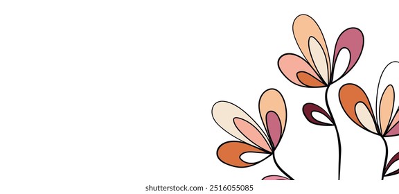 Spring illustration with tulips. Happy birthday, holiday, celebration greeting and invitation card. Colorful floral banner with flowers on light background. Modern floral compositions. Copy space.