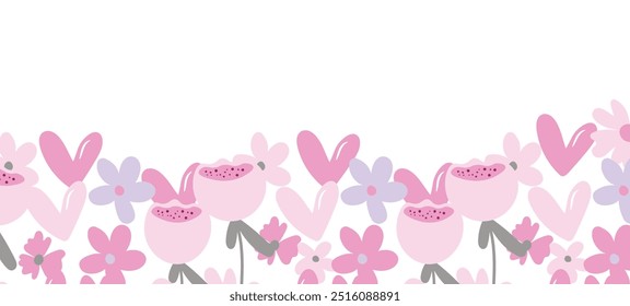 Spring illustration with tulips. Happy birthday, holiday, celebration greeting and invitation card. Colorful floral banner with flowers on light background. Modern floral compositions. Copy space.