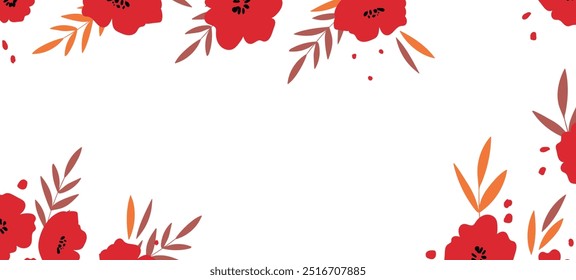 Spring illustration with tulips. Happy birthday, holiday, celebration greeting and invitation card. Colorful floral banner with flowers on light background. Modern floral compositions. Copy space.