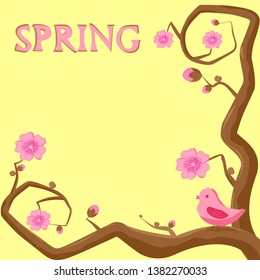 spring illustration two branches of a tree with sakura flowers on a yellow background, a pink bird sitting on a branch