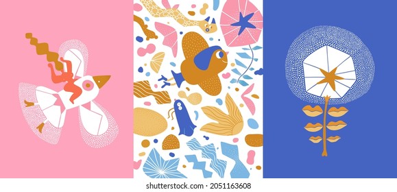 Spring illustration vector set. Vertical design poster, greeting card, banner, sale. Trendy color cover, background. Curvy woman on a bird, pattern, flower. Simple funny style, invitation, package.