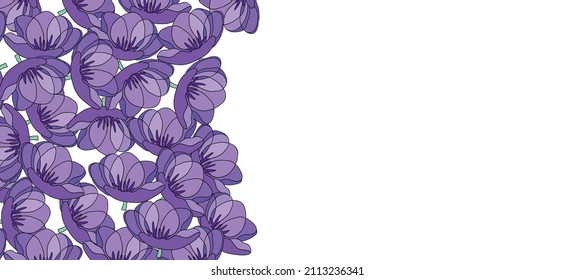 Spring illustration with violet tulips. Happy birthday, holiday, celebration greeting and invitation card. Colorful floral banner with flowers. Modern floral compositions. Copy space.
