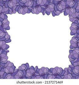 Spring illustration with violet tulips. Happy birthday, holiday, celebration, greeting and invitation card. Colorful border, floral banner with flowers. Modern floral frame. Copy space.