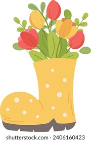 Spring illustration with yellow polka dot rubber boot and bouquet of tulips and twigs. Vector illustration with transparent background