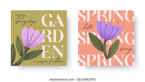 Spring illustrations with artistic hand drawn flowers.Bold typography card templates with blooming floral design.Seasonal backgrounds for spring holidays decor,prints,invitations,offers,greetings
