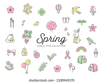 Spring illustrations and icons drawn with simple lines. Cherry blossoms, flowers, nature, animals, illustration etc. (Colorful version)