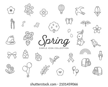 Spring illustrations and icons drawn with simple lines. Cherry blossoms, flowers, nature, animals, illustration etc. (Monochrome version)