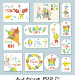 Spring illustrations set. Easter cards, gift tags and labels. Bouquet with flowers, Easter bunnies and wishes for a Happy Easter. Cute and modern vector illustration