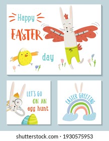 Spring illustrations set. Easter cards.Egg hunt, rainbow, bunny in a chicken suit. Cute and modern vector illustration. Great for social media greetings