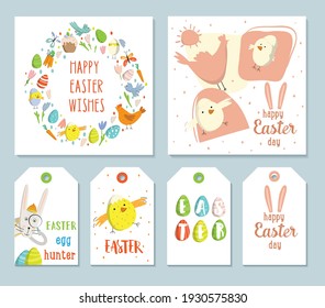 Spring illustrations set. Square easter cards, gift tags and labels.Wreath of Easter elements. Hare, egg hunter. Cute and modern vector illustration. Great for social media post greetings