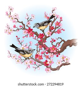 Spring image with blossoming sakura branches and birds on a blue sky background