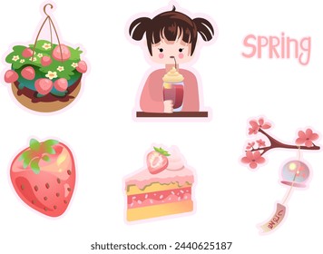 Spring images : basket with strawberriy  strawberry slice of cake  Branch with cherry blossoms and Japanese decor  girl drinks pink drink  strawberry. Vector illustration EPS10