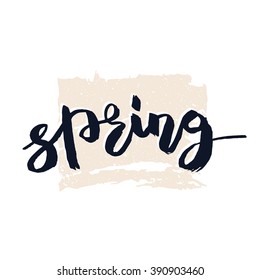 Spring. Ink hand lettering. Modern calligraphy. Good for typography poster or t-shirt design. Vector art isolated on background. 