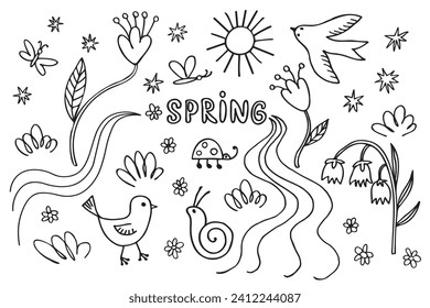 Spring ink sketch hand drawn doodle with stream, bird, blooming plants, flowers, ladybug, chicken, sun, snail, butterfly, grass, lily valley,vernal wild live. Design background for print, paper, card