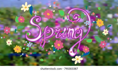 spring inscription with curls with different flowers on a blurry background of a flower clearing