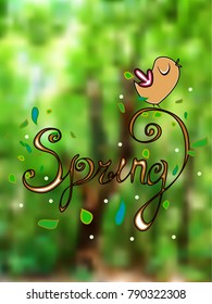 spring inscription with curls with different leaves on a blurred forest background