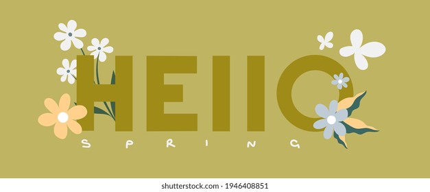 Spring inscription and flowers vector banner. Illustration in flat style.