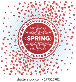 Spring inscription label on red flowers background. Vector eps10 