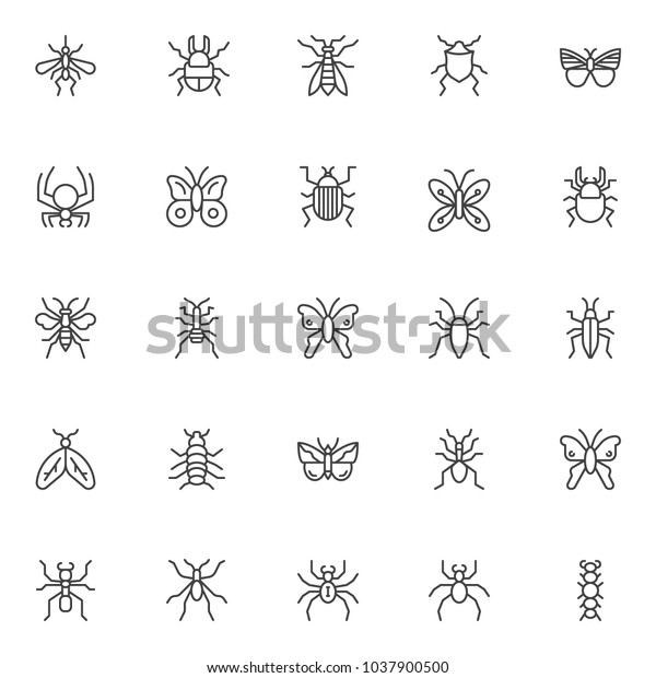 Spring
insects and bugs outline icons set. linear style symbols
collection, line signs pack. vector graphics. Set includes icons as
mosquito, butterfly, bed bug, moth,
caterpillar