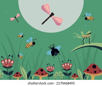insectos primaverales con escena de hongos