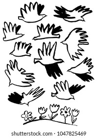 Spring inspirational doodle illustration. Crowd of dove birds flying in the sky. Hand drawn sketchy vector with floral elements. Blossoming flowers on the grass. Seasonal greetings