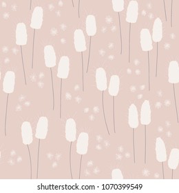 Spring inspired pattern design featuring bunny tails on a soft pink background. Isolated elements in pastel colors. 
