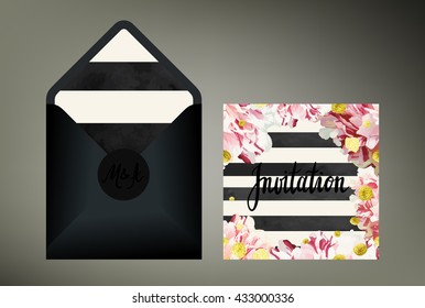 spring inspired wedding invitation suite vector template. Pink and white variegated peony floral card and envelope with calligraphy elements. Paint textured stripes and floral frame.