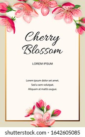 Spring invitation with blossom sakura, cherry flowers. Place for text. Great for oriental invite, flyer, beauty offer, wedding, bridal shower, poster, baby shower, Mother's and Women's day.
