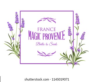 Spring invitation card with lavender flowers. Marriage invitation card with flower frame. Lavender frame for provence card. Lavender sign label.