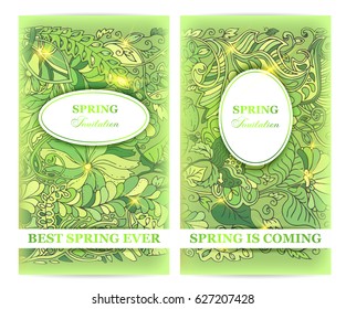 Spring invitation flyers, with text, light fresh design with greenery and floral leaves doodle elements for greeting card or festive poster, vector