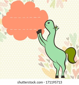 Spring invitation or greeting card template with hand drawn funny cartoon horse, colorful doodle hearts and speech bubble for the text.