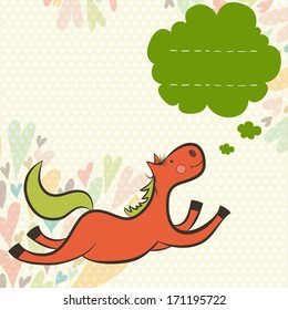 Spring invitation or greeting card template with hand drawn funny cartoon horse, colorful doodle hearts and speech bubble for the text.