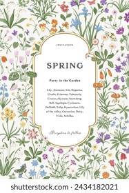 Spring. Invitation. Mille-fleurs. Vintage vector botanical illustration. 