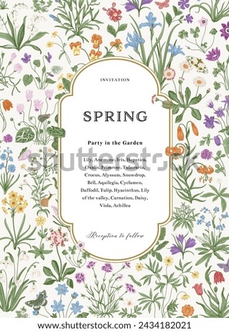 Spring. Invitation. Mille-fleurs. Vintage vector botanical illustration. 