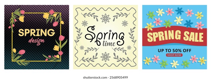 Spring invitation. Spring text with floral elements. Discount promo during happy Spring. Spring Flourishing concept. Set flat vector illustration.