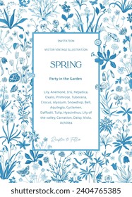 Spring. Invitation. Vintage vector botanical illustration. Blue and white 